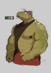  anthro black_clothing black_topwear clothing emoji flower flufflecraft green_body grey_background hi_res lizard male muscular muscular_anthro muscular_male nipples pecs plant reptile scalie shirt simple_background solo spikes spikes_(anatomy) tank_top topwear 