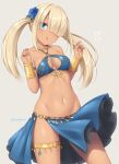  1girl bangs bare_shoulders blonde_hair blue_eyes blue_flower blue_skirt blunt_bangs blush bracer breasts cowboy_shot dark-skinned_female dark_skin flower grey_background hair_flower hair_ornament hands_up harem_outfit head_tilt long_hair looking_at_viewer medium_breasts navel original parted_lips sasaame simple_background skirt solo standing thighlet twintails twitter_username 