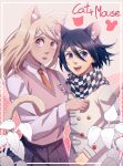  1boy 1girl :d ahoge akamatsu_kaede animal_ear_fluff animal_ears bangs blonde_hair blush border breasts cat_ears cat_girl cat_tail checkered checkered_scarf cheer_(cheerkitty14) collared_shirt cowboy_shot danganronpa_(series) danganronpa_v3:_killing_harmony eighth_note extra_ears hair_between_eyes hair_ornament hairclip hand_up highres jacket long_hair long_sleeves looking_at_viewer medium_breasts medium_hair mouse_boy mouse_ears mouse_tail musical_note musical_note_hair_ornament necktie open_mouth ouma_kokichi pink_eyes pink_vest pleated_skirt purple_eyes purple_hair scarf school_uniform shirt sideways_glance skirt smile straitjacket sweater_vest tail upper_teeth vest white_border white_shirt 