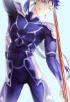  1boy armor beads blue_bodysuit blue_hair bodysuit bulge changye closed_mouth cu_chulainn_(fate)_(all) cu_chulainn_(fate/stay_night) earrings fang fate/stay_night fate_(series) floating_hair gae_bolg_(fate) grin hair_beads hair_ornament holding holding_polearm holding_weapon jewelry long_hair looking_at_viewer male_focus muscular muscular_male pauldrons polearm ponytail red_eyes shoulder_armor simple_background skin_tight smile solo spiked_hair weapon 