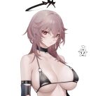  1girl armband auburn_hair azur_lane bangs bare_shoulders bikini bikini_top breasts choker cleavage collarbone duca_degli_abruzzi_(azur_lane) hair_between_eyes highres large_breasts long_hair looking_at_viewer ohisashiburi pale_skin prosthesis prosthetic_arm red_eyes simple_background solo standing swimsuit white_background 