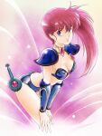  1girl armor asagiri_youko bikini_armor blue_eyes breasts cleavage commentary_request earrings gem genmu_senki_leda highres inomata_mutsumi_(style) jewelry leaning_forward long_hair looking_at_viewer medium_breasts parody partial_commentary red_hair side_ponytail smile solo style_parody tamanegiinyo 
