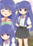  1girl arms_behind_back black_skirt blue_hair closed_eyes dress eyebrows eyebrows_visible_through_hair furude_rika green_dress higurashi_no_naku_koro_ni long_hair open_mouth ponto1588 purple_eyes shirt skirt smile solo sundress suspender_skirt suspenders translated white_shirt 