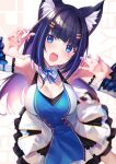  1girl :d animal_ear_fluff animal_ears armpits arms_up bangs bare_shoulders black_hair blue_dress blue_eyes blue_nails blurry blush breasts cat_ears choker claw_pose cleavage colored_inner_hair commentary_request detached_sleeves displayer dress eyebrows_visible_through_hair frilled_choker frilled_dress frills fukai_ryosuke hair_ornament hairpin hands_up head_tilt large_breasts long_hair long_sleeves looking_at_viewer medium_breasts mole mole_on_breast multicolored_hair nail_polish open_mouth purple_hair simple_background smile solo streaked_hair virtual_youtuber white_background yoshibana_kokoro 