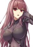  1girl armor bodysuit breasts elfenlied22 fate/grand_order fate_(series) hair_intakes hand_in_hair large_breasts leotard looking_at_viewer open_mouth pauldrons purple_hair purple_leotard red_eyes scathach_(fate) scathach_(fate)_(all) shoulder_armor solo 