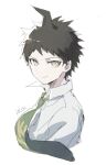  1boy ahoge artist_name asuna_(doruru-mon) bangs brown_eyes brown_hair closed_mouth collared_shirt cropped_torso danganronpa_(series) danganronpa_2:_goodbye_despair green_neckwear highres hinata_hajime looking_at_viewer looking_to_the_side male_focus necktie shirt short_hair simple_background sketch smile solo spiked_hair upper_body white_background white_shirt 