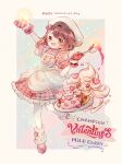  1girl :d alcremie apron arm_up bangs blush commentary_request cosplay dawn_(pokemon) dawn_(pokemon)_(cosplay) dress frills gen_8_pokemon gloria_(pokemon) hand_up happy happy_valentine holding holding_ladle ladle leg_warmers mittens open_mouth oven_mitts pantyhose plate pokemon pokemon_(creature) pokemon_(game) pokemon_masters_ex pokemon_swsh red_mittens shoes short_sleeves smile sparkle tongue valentine white_legwear zzzpani 