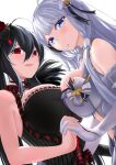  2girls absurdres azur_lane bare_shoulders black_hair blue_eyes breast_press breasts dress elbow_gloves eyebrows_visible_through_hair from_below from_side gloves hair_between_eyes hair_ornament headphones herohero_illust highres illustrious_(azur_lane) illustrious_(muse)_(azur_lane) long_hair looking_at_viewer looking_down multiple_girls red_eyes sleeveless sleeveless_dress symmetrical_docking taihou_(azur_lane) taihou_(muse)_(azur_lane) white_background white_gloves white_hair 