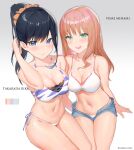  2girls :d asymmetrical_docking bangs bare_arms bare_shoulders bikini black_hair blue_eyes blush breast_press breasts brown_hair cleavage collarbone commentary_request gradient gradient_background green_eyes grey_background gridman_universe groin hair_ornament hair_scrunchie hand_up highres kuhnowushi large_breasts long_hair looking_at_viewer micro_shorts minami_yume multiple_girls navel open_fly open_mouth orange_scrunchie ponytail scrunchie shorts side-tie_bikini smile ssss.dynazenon ssss.gridman stomach swimsuit takarada_rikka thighs white_background white_bikini 