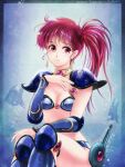  1980s_(style) 1girl armor artist_name asagiri_youko bikini bikini_armor bikini_day blue_bikini blue_footwear boots breasts bubble choker cleavage commentary_request dated earrings fish gem genmu_senki_leda hand_on_own_chest highres jewelry knee_boots long_hair parted_lips partial_commentary pauldrons red_eyes red_hair retro_artstyle shoulder_armor side_ponytail silhouette sitting small_breasts solo swimsuit sword tamanegiinyo thighs vambraces weapon 