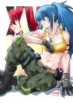  abs absurdres artist_name background_text bangs biceps blue_eyes blue_hair boots breasts camouflage camouflage_pants cleavage dark_persona dog_tags gloves hair_over_one_eye highres leona_heidern looking_at_viewer looking_away midriff muscular muscular_female navel orochi_leona pants pouch red_eyes red_hair sitting sleeveless sov_the_artist tank_top the_king_of_fighters the_king_of_fighters_xiv the_king_of_fighters_xv yellow_tank_top 