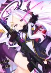  1girl atsumi_jun black_gloves blue_archive gloves glowing glowing_eyes gun halo hina_(blue_archive) holding holding_gun holding_weapon jacket knee_up long_hair long_sleeves looking_at_viewer open_mouth parted_lips purple_eyes purple_legwear rifle solo thighhighs weapon white_hair 