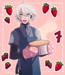  1boy :d ahoge apron blue_apron blueberry cake cheer_(cheerkitty14) collared_shirt cowboy_shot danganronpa_(series) danganronpa_v3:_killing_harmony food fruit grey_eyes grey_hair grey_shirt hair_between_eyes highres holding holding_cake holding_food keebo looking_at_viewer male_focus mittens number open_mouth outline pink_background pink_mittens shirt short_hair smile solo strawberry white_outline 