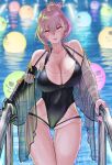  1girl azur_lane bangs bare_shoulders black_swimsuit breasts character_name cleavage dorian_oishiiyo duca_degli_abruzzi_(azur_lane) duca_degli_abruzzi_(lustrous_onyx_sirenetta)_(azur_lane) in_water large_breasts mechanical_arms official_alternate_costume partially_submerged prosthesis prosthetic_arm prosthetic_hand punk red_eyes sardegna_empire_(emblem) sidelocks single_mechanical_arm swimsuit thigh_gap thighs wet wet_hair 