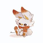  brown_eyes bunny closed_mouth commentary_request creature full_body gen_8_pokemon paws pokemon pokemon_(creature) scorbunny signature sitting solo starter_pokemon toes white_fur zzzpani 