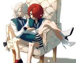  2boys bishounen_series chair crossed_arms fukuroi_mitsuru hair_over_one_eye highres ke_b_ta legs long_sleeves multiple_boys necktie ponytail red_eyes red_footwear red_hair sakiguchi_nagahiro school_uniform shorts silver_eyes sitting sitting_on_person striped striped_shorts white_footwear white_hair yubiwa_high_school_uniform 