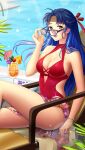 1girl :d black-framed_eyewear blue_hair bracelet breasts casual_one-piece_swimsuit cleavage day doukyuusei_2 doukyuusei_another_world floating_hair game_cg hair_intakes hair_ribbon jewelry large_breasts lens_flare long_hair narusawa_misako official_art one-piece_swimsuit open_mouth outdoors pool red_ribbon red_swimsuit ribbon sarong sideboob sitting smile solo sparkle sunglasses swimsuit very_long_hair yellow_eyes 