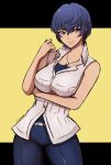  1girl blue_hair eyebrows_visible_through_hair grey_eyes hair_between_eyes highres jewelry looking_at_viewer necklace omiza_somi persona persona_4 shirogane_naoto shirt short_hair signature simple_background solo white_shirt 