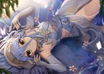  1girl absurdres afloat asymmetrical_legwear azura_(fire_emblem) blue_hair blue_ribbon blurry bug butterfly cappu closed_mouth commentary depth_of_field dress elbow_gloves fingerless_gloves fire_emblem fire_emblem_fates flower gloves glowing_butterfly hair_between_eyes highres insect long_hair looking_at_viewer lying on_back ribbon ripples solo veil white_dress yellow_eyes 