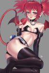  1girl arm_belt ass bare_shoulders belt black_legwear choker demon_girl demon_tail demon_wings disgaea earrings elbow_gloves etna flat_chest gloves grey_background hair_between_eyes highres jewelry looking_at_viewer micro_shorts nanja navel no_shoes pointy_ears red_eyes red_hair short_twintails shorts simple_background sitting skindentation skull_earrings slit_pupils smile solo tail thighhighs tongue tongue_out twintails white_belt wings 