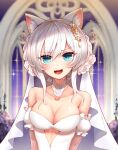  alternate_costume animal_ears armband azur_lane blush breasts bridal_veil cat_ears cleavage dress flower green_eyes hair_flower hair_ornament hammann_(azur_lane) hm_(hmongt) looking_at_viewer neck_ribbon ribbon veil wedding_dress white_hair 