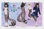  anthro bottomwear breasts brown_hair butt cheetah choxy clothing collar crystalberry felid feline female gesture hair hybrid looking_at_viewer mammal model_sheet naturally_censored navel nude on_one_leg pantherine sabertooth_(disambiguation) skirt slim smile snow_leopard solo standing v_sign 