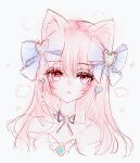  1girl animal_ear_fluff animal_ears bangs blue_bow blush bow commentary_request cropped_torso eyebrows_visible_through_hair grey_background hair_between_eyes hair_bow heart highres looking_at_viewer original parted_lips pink_hair purple_eyes simple_background solo tandohark upper_body 