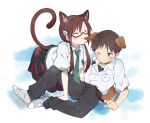  1boy 1girl :3 animal_ears belt biting blue_eyes brown_hair cat_ears cat_girl cat_tail dog_boy dog_ears dog_tail ear_biting glasses hairband highres ikari_shinji kemonomimi_mode makinami_mari_illustrious necktie neon_genesis_evangelion nori_senbei one_eye_closed plaid plaid_skirt rebuild_of_evangelion red-framed_eyewear school_uniform semi-rimless_eyewear skirt sweatdrop tail under-rim_eyewear 