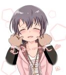  1girl arms_up bangs black_sleeves blush brown_hair cheek_pinching closed_eyes eyebrows_visible_through_hair floral_print flower_(symbol) hands_up head_tilt hood hooded_jacket idolmaster idolmaster_cinderella_girls idolmaster_cinderella_girls_starlight_stage jacket jewelry key key_necklace long_sleeves necklace open_mouth otokura_yuuki pentagon_(shape) pinching pink_jacket pov pov_hands shirt signature simple_background striped striped_shirt t-shirt user_fnkf2754 white_shirt 