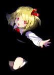  1girl black_background black_skirt black_vest blending blonde_hair bow bowtie chamaruku collared_shirt commentary_request fang full_body hair_ribbon highres looking_at_viewer medium_hair no_pupils open_mouth outstretched_arms red_bow red_eyes red_nails red_neckwear red_ribbon ribbon rumia shirt simple_background skirt skirt_set smile solo spread_arms touhou triangle_mouth vest white_shirt wing_collar 