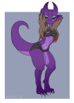  4_toes absurd_res anthro bandage barefoot blue_eyes butt charon_(redeye) claws clothed clothing feet female fingers hi_res horn kobold looking_at_viewer open_mouth panties piercing purple_body redeye scalie simple_background solo toes tongue tongue_piercing topwear underwear 