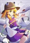  1girl absurdres animal blonde_hair eyebrows_visible_through_hair feet hair_tubes hat highres medium_hair moriya_suwako puffy_sleeves purple_shirt purple_skirt shirt skirt smile snake solo touhou water_drop white_shirt white_snake yellow_eyes yuujin_(yuzinn333) 