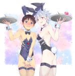  2boys animal_ears blue_eyes blush bow bowtie brown_hair bunny_ears bunny_tail covering covering_crotch crossdressing detached_collar drink embarrassed fake_animal_ears fake_tail fishnet_legwear fishnets glass hairband highres ikari_shinji male_focus multiple_boys nagisa_kaworu neon_genesis_evangelion nori_senbei playboy_bunny red_eyes silver_hair tail tears thighhighs tray trembling wrist_cuffs 