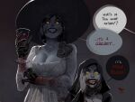  2girls alcina_dimitrescu black_hair blood blood_stain breasts daniela_dimitrescu dress english_text grin hat hood jewelry lipstick makeup mother_and_daughter multiple_girls necklace pale_skin resident_evil resident_evil_village sharp_teeth smile tall_female teeth vashperado yellow_eyes 