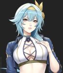  1girl bangs blue_hair blue_jacket breasts cleavage cleavage_cutout close-up clothing_cutout crop_top eula_lawrence genshin_impact hand_on_breast hand_rest headband jacket looking_at_viewer navel_cutout parted_lips sciamano240 short_hair 