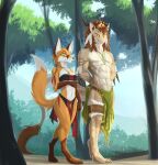  abs anthro antlers barefoot blush bottomwear canid canine clothing crown day dragon duo embarrassed emerald_(gem) feathers feet female forest fox gem green_eyes hand_on_stomach hands_behind_back hi_res horn jewelry kluclew loincloth male male/female mammal mane muscular muscular_male necklace plant prince prince_borgon royalty silva_vernalis smile staring_down story story_in_description tail_tuft tree tribal tribal_clothing tuft walking 