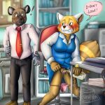  aggressive_retsuko anthro bodily_fluids clothing duo female furrtea genital_fluids genitals haida hi_res male male/female panties panties_down peeing pussy retsuko sanrio underwear underwear_down urine urine_stream 