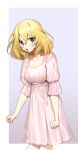  1girl angry bangs blonde_hair blue_eyes border clenched_hands closed_mouth commentary cowboy_shot frown girls_und_panzer grey_background looking_at_viewer medium_hair messy_hair nightgown oshida_(girls_und_panzer) outside_border pink_nightgown short_sleeves sleepwear solo sweatdrop tan3charge v-shaped_eyes white_border 
