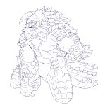  abs anthro biceps bodily_fluids body_hair canid canine canis capcom chest_hair chest_tuft claws fanged_wyvern fur hi_res horn looking_at_viewer male mammal monochrome monster monster_hunter muscular muscular_anthro muscular_male pecs scales solo sweat tuft urakata5x video_games wolf zinogre 