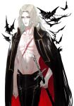  1boy alucard_(castlevania) androgynous bare_pectorals bat belt bishounen black_belt black_cape black_pants blonde_hair cape castlevania castlevania_(netflix) character_name closed_mouth cropped_legs european_clothes high_collar holding holding_sword holding_weapon long_hair looking_afar male_focus navel nightarmster pale_skin pants pectorals red_lining scar scar_on_chest sheath sheathed simple_background solo standing stomach sword tail vampire weapon white_background yellow_eyes 