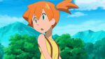  lowres misty_(pokemon) nipples orange_hair pokemon shirt shorts suspender_shorts suspenders undressing yellow_shirt 