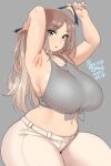 1girl 2021 agawa_ryou belly breasts curvy dated english_commentary green_eyes grey_background hair_ribbon huge_breasts long_hair looking_at_viewer midriff navel original pants parted_lips ribbon simple_background solo thick_thighs thighs 