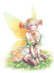  1girl bare_shoulders blonde_hair breasts fire_emblem fire_emblem_heroes flower full_body grass hair_flower hair_ornament hairband highres kneeling large_breasts looking_at_viewer open_mouth peony_(fire_emblem) pointy_ears purple_eyes t_misaomaru wings 