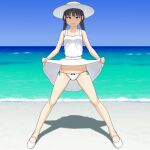  1girl beach black_eyes black_hair blue_sky blurry blurry_background bow bow_panties braid clear_sky closed_mouth commentary_request day dress dress_lift hat horizon legs_apart lifted_by_self looking_at_viewer low_twintails maburu_(lojyq1eur3e8bit) medium_hair ocean original outdoors panties sandals shadow short_dress side-tie_panties sky sleeveless sleeveless_dress smile solo standing striped striped_panties sun_hat sundress twin_braids twintails underwear white_dress white_footwear white_headwear 