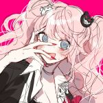  3j_dangan @_@ black_bra black_jacket blonde_hair blue_eyes blush bra breasts collared_shirt danganronpa:_trigger_happy_havoc danganronpa_(series) enoshima_junko jacket monokuma open_mouth pink_background red_nails red_ribbon ribbon shirt sweat twintails underwear wavy_hair white_shirt 