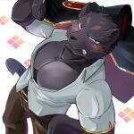  absurd_res anthro black_body black_fur blush clothed clothing felid fur hi_res knights_college kouga0225 male mammal muscular muscular_anthro muscular_male open_clothing pantherine partially_clothed pecs solo theo_(knights_college) uniform video_games visual_novel 
