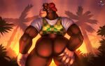  2021 5_fingers anthro ape big_butt bottomless butt chunky_kong clothed clothing donkey_kong_(series) fingers gorilla haplorhine hat headgear headwear hi_res klent looking_back male mammal nintendo palm_tree plant primate rear_view shirt solo sunset topwear tree video_games 