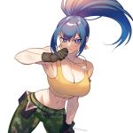  1girl bangs bare_shoulders blue_eyes blue_hair breasts camouflage camouflage_pants cleavage closed_mouth dog_tags earrings gloves hand_on_leg highres jewelry konnichiwa029 large_breasts leona_heidern long_hair pants pocket ponytail serious simple_background sleeveless solo tank_top the_king_of_fighters the_king_of_fighters_xiv the_king_of_fighters_xv triangle_earrings white_background yellow_tank_top 