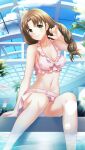  1girl ahoge bikini bikini_skirt blue_sky braid breasts brown_hair cleavage closed_mouth cloud collarbone day doukyuusei_2 doukyuusei_another_world frilled_bikini frills game_cg green_eyes hair_intakes head_tilt long_hair looking_at_viewer medium_breasts navel official_art pink_bikini poolside print_bikini shiny shiny_hair single_braid sky smile soaking_feet sugimoto_sakurako swimsuit 