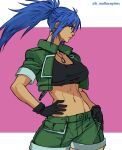  1girl abs bangs black_gloves black_tank_top blue_eyes blue_hair breasts cleavage crop_top dog_tags earrings gloves green_jacket hand_on_hip high_ponytail highres jacket jewelry leona_heidern long_hair military military_uniform navel open_clothes open_jacket ponytail profile shorts snk tank_top the_king_of_fighters triangle_earrings uniform wallace_pires watermark web_address 